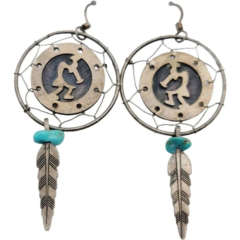 Vtg Navajo Kokopelli Sterling Silver Dream Catcher Earrings‎ with Turquoise